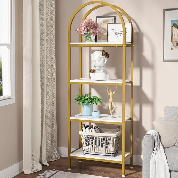 4-Tier Gold Arched Metal Bookshelf with White Shelves for Living Room, Bedroom, or Office, HANSART, Elevate your space with this elegant 4-Tier Gold Arched Bookshelf featuring clean lines and a modern design. The eye-catching arched frame in a chic gold finish complements the sleek white shelves, making it the perfect addition to contemporary, modern, or glam-style interiors. Whether you need extra storage or a decorative display rack, this bookshelf is both stylish and functional. With its tall, narrow str