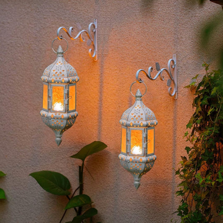 Vintage Hanging Moroccan Lanterns - White Metal Candle Holders (Set of 2)-Hansart-Hansart, Enhance your home decor with these elegant Vintage Hanging Moroccan Lanterns. Featuring an intricately carved white metal frame and embossed glass panels, these lanterns bring a touch of exotic charm and ambient lighting to any space. Perfect for holding tea light or LED candles, they are ideal for hanging indoors or outdoors, creating a warm and inviting atmosphere for weddings, parties, or everyday decor. Exquisite