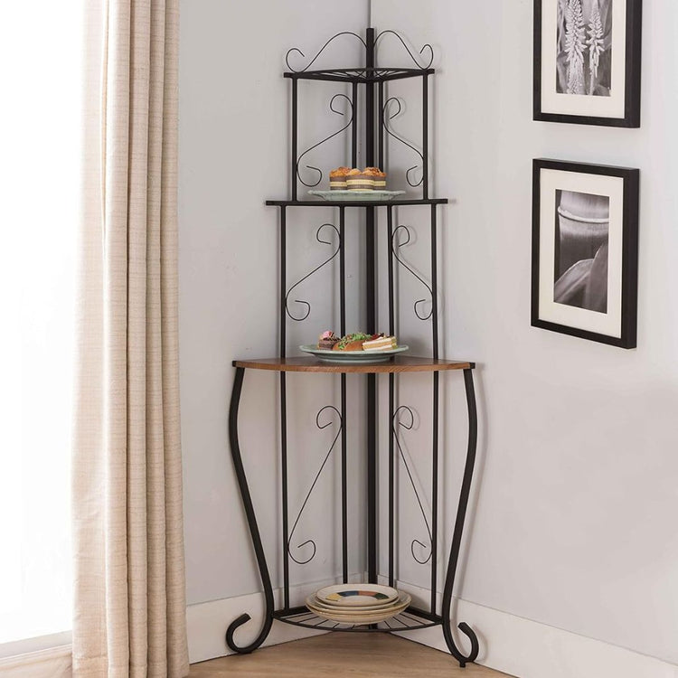 Metal Corner Shelf Stand with 4-Tier Wood Shelves for Home Décor, HANSART, Maximize your space in style with this 64-Inch Tall Metal and Wood Corner Shelf Stand. Featuring a sophisticated scrollwork design and a blend of durable black metal and warm wood shelves, this 4-tier corner rack is the perfect addition to any room or outdoor space. The tiered design provides ample space for displaying plants, decorative items, books, or kitchen essentials. Its tall, freestanding structure fits neatly into any corner