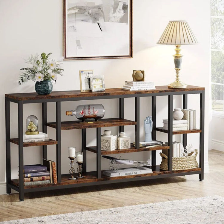 Industrial Console Table with Open Shelving in Rustic Brown and Black Frame-Hansart, Tables, Add a touch of industrial charm to your living space with the Industrial Console Table. Featuring a warm wood-grain finish paired with a sleek black metal frame, this eye-catching piece brings both style and function to your home. Whether you&
