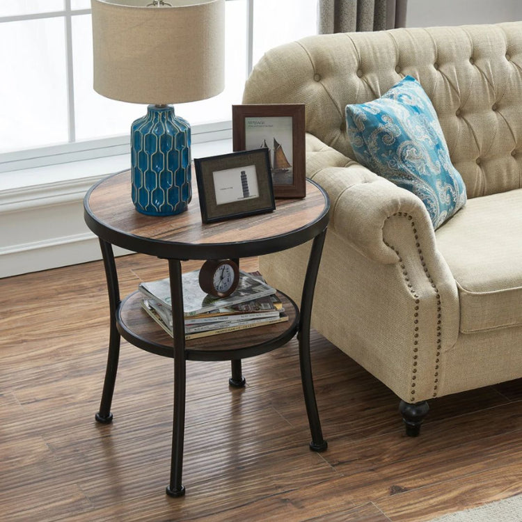 Wood Top & Metal Frame Accent End Table for Living Room-Hansart, Tables, Elevate your living space with this stylish and functional Round Side Table, designed to bring rustic charm and industrial flair into any room. Crafted with a durable black metal frame and a warm wood grain finish, this versatile table is the perfect companion for your sofa, armchair, or bedside. The spacious 23.6-inch diameter tabletop offers plenty of room for lamps, books, or decorative pieces, while the lower 18.5-inch shelf provid