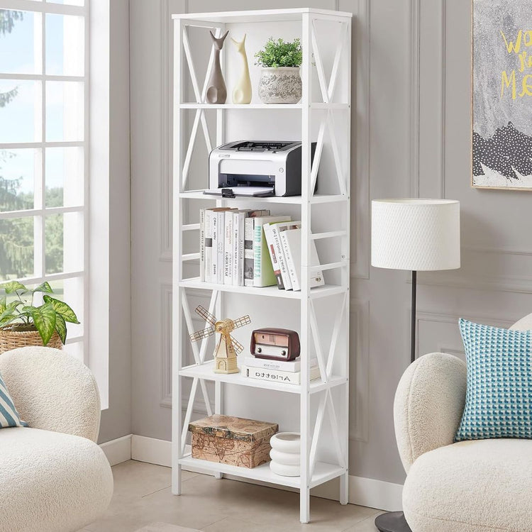 5-Tier Tall Bookshelf with Open Shelving, Industrial Metal Frame Storage Rack, White, HANSART, Elevate your home or office storage with this stylish 5-Tier White Tall Bookshelf, designed to combine functionality with a modern aesthetic. Featuring a sleek white finish and a sturdy metal frame, this shelving unit offers a clean, contemporary look perfect for any living room, bedroom, office, or study. With five spacious tiers, it provides ample room for displaying books, décor, plants, photos, and other essen