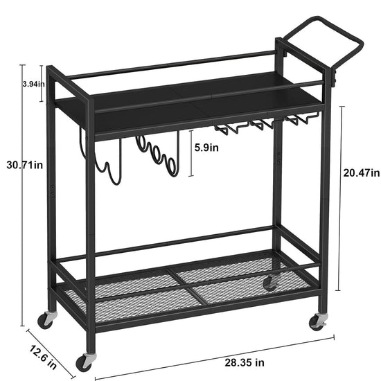 Black metal serving cart with dimensions displayed