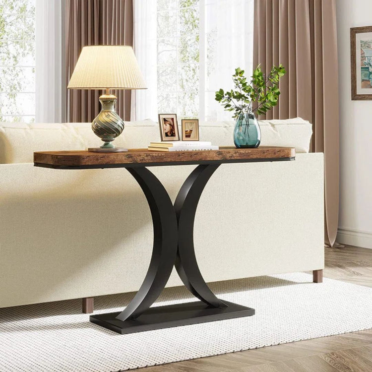 Rustic Brown Console Table with Sculptural Black Metal Base-Hansart, Tables, Elevate your space with the perfect blend of modern elegance and rustic charm. Our Rustic Brown Console Table with Sculptural Black Metal Base brings sophistication and function to your living room, hallway, or entryway. The eye-catching curved black metal pedestal base provides a bold, sculptural statement, while the rich rustic brown tabletop offers warmth and texture. Whether you&