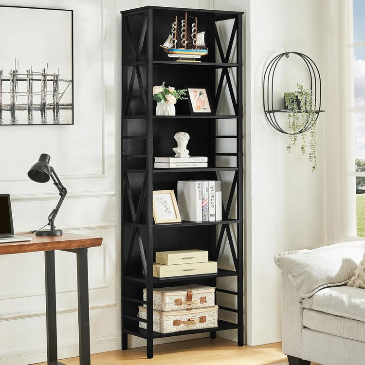 Industrial Bookshelf with Black Metal Frame – Modern Open Display Shelf for Living Room, HANSART, Add a modern industrial touch to your living space with this Tall 5-Tier Metal Frame Bookshelf. Standing at 84 inches tall, this open display shelf features a sleek black design with a durable metal frame and spacious shelves. Its minimalist yet functional design makes it an ideal storage solution for your home office, living room, bedroom, or study. Whether you need a stylish spot for books, decor, plants, or
