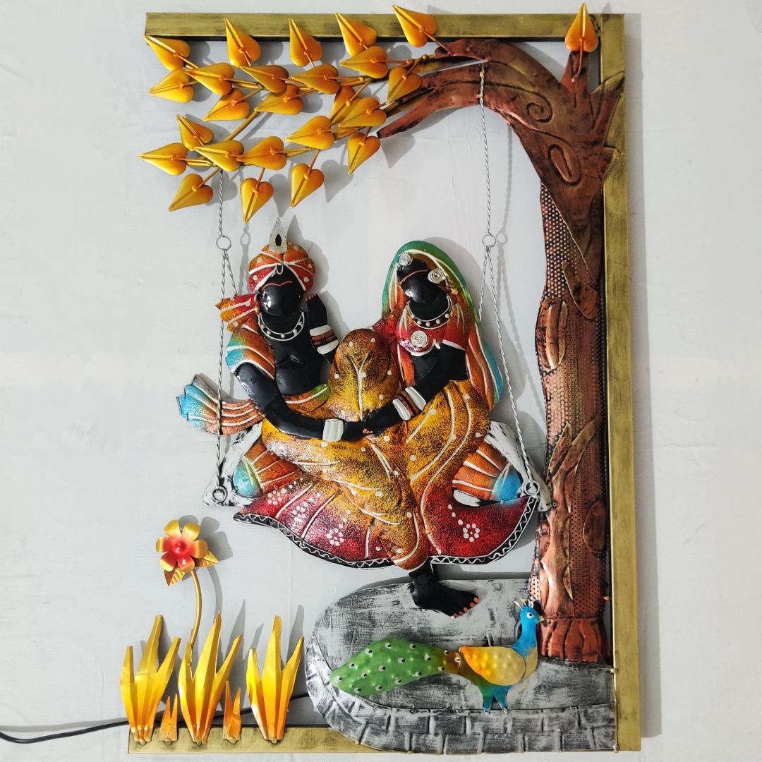 Radhe Krishna Elegant Metal Wall Art with LED (20 x 30 Inches