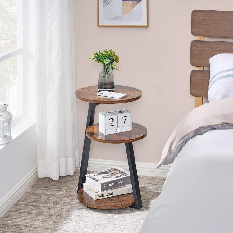Industrial Vintage Display Shelf with Wood Finish and Metal Frame Side Table-Hansart, Tables, Enhance your home decor with this stylish and functional 3-Tier Round Plant Stand. Crafted with a rustic wood finish and a sturdy black metal frame, this industrial-inspired display shelf blends vintage charm with modern elegance. Standing at 60 cm (23.62 inches) tall, this multi-functional stand is perfect for showcasing plants, books, decorative items, or even as a compact side table.