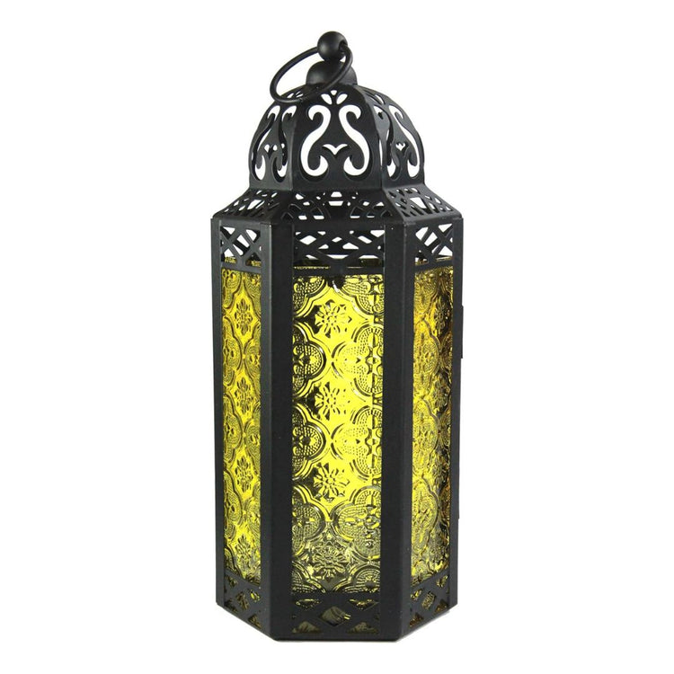Vintage Moroccan Style Black Lantern with Yellow Glass Panels-Hansart-Hansart, Add a touch of exotic elegance to your home décor with this beautifully crafted Moroccan-style lantern. Featuring intricate cut-out patterns on a sturdy metal frame and vibrant yellow embossed glass panels, this lantern casts a warm, inviting glow when lit. Standing 11.5 inches tall, it’s perfect for tabletop centerpieces, hanging displays, or as a charming accent in both indoor and outdoor settings. Whether used with candles or