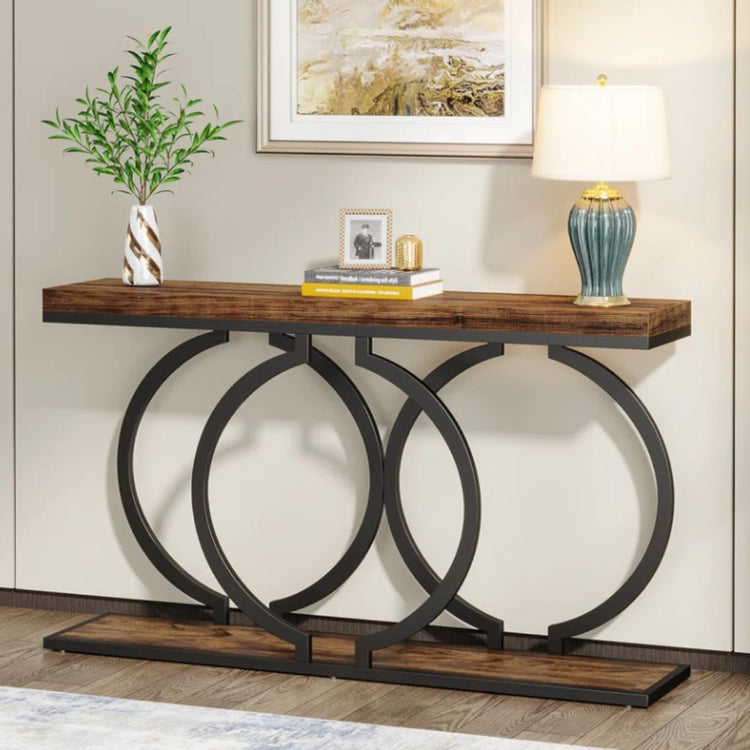 Modern Console Table with Geometric Circle Base in Rustic Brown and Black-Hansart, Tables, Add a touch of industrial charm to your living space with the Industrial Console Table. Featuring a warm wood-grain finish paired with a sleek black metal frame, this eye-catching piece brings both style and function to your home. Whether you&