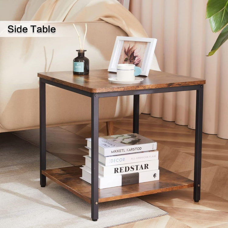 Rustic Wood Top and Black Metal Frame, End Table for Living Room or Bedroom-Hansart, Tables, Bring industrial charm and functional design to your home with this Industrial Square Side Table with Storage Shelf. Crafted with a rustic wood finish and a sturdy black metal frame, this versatile end table combines durability with a modern farmhouse aesthetic. The spacious tabletop provides the perfect spot for a lamp, books, or your favorite décor pieces, while the lower shelf adds additional storage for magazine