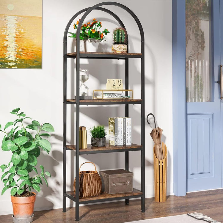 Metal Frame and Wood Display Shelf, Freestanding Storage Rack for Living Room, Bedroom, HANSART, Elevate your home decor with this elegant 4-Tier Arched Bookshelf, combining a rustic wood finish with a sturdy black metal frame. The unique arched design adds a stylish architectural element, making it an eye-catching centerpiece in any room. Ideal for displaying books, plants, decorative items, or collectibles, this freestanding storage rack offers both functionality and sophistication. Its space-saving struc