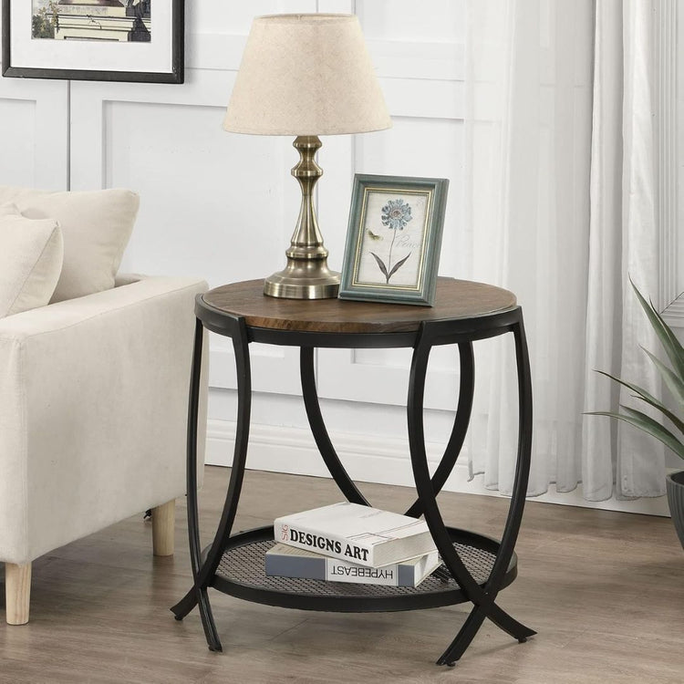 Round Industrial Side Table with Storage Shelf and Metal Frame-Hansart, Tables, Add a touch of industrial charm to your space with this Round Side Table with Mesh Storage Shelf. Combining rustic wood textures with a sleek black metal frame, this versatile accent table brings both style and functionality to any room. The round tabletop provides a perfect spot for a lamp, books, or decorative accents, while the lower mesh shelf adds extra storage for magazines, baskets, or other essentials. Crafted for durabi