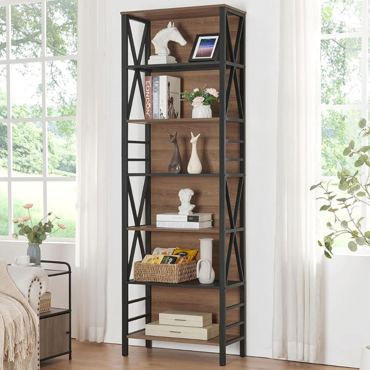 6-Tier Bookshelf with Metal Frame and Wood Shelves for Home Office and Living Room, HANSART, Maximize your vertical space and add an industrial charm to your room with this 6-Tier Industrial Bookshelf. Standing at 84 inches tall, this freestanding bookcase features a sturdy black metal frame combined with rustic wood shelves for a stylish, modern look. With five spacious tiers, it’s perfect for storing books, displaying collectibles, or organizing everyday items. Its open-back design paired with X-frame sid