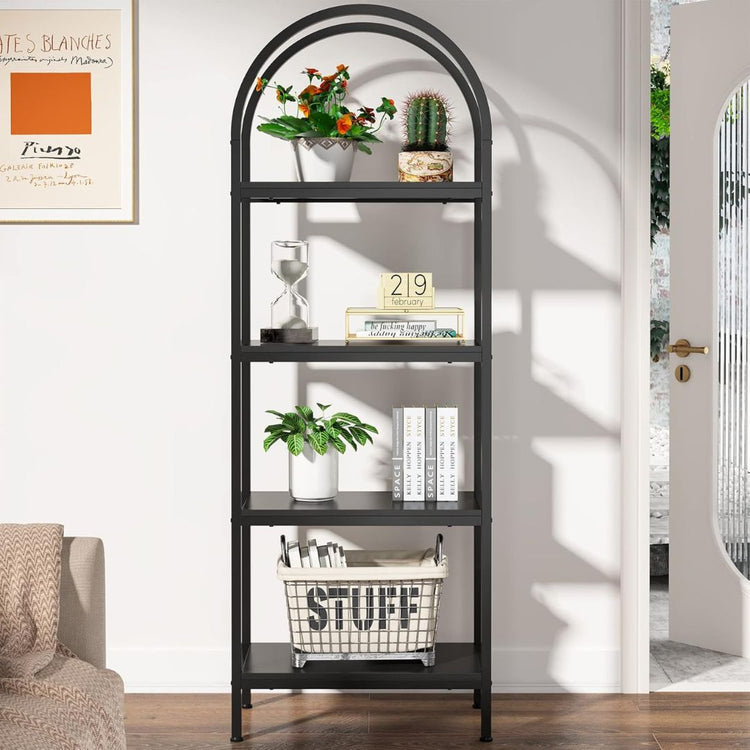 4-Tier Arched Metal Bookshelf, Black Display Rack, HANSART, Elevate your home or office decor with this sleek and modern 4-Tier Arched Metal Bookshelf. Designed with a stylish arched frame and a matte black finish, this versatile shelving unit blends seamlessly into any interior. The open shelving provides ample space for books, decorative items, plants, or storage baskets. Constructed from durable metal, this bookshelf offers stability and strength, making it a perfect combination of function and style. Mo