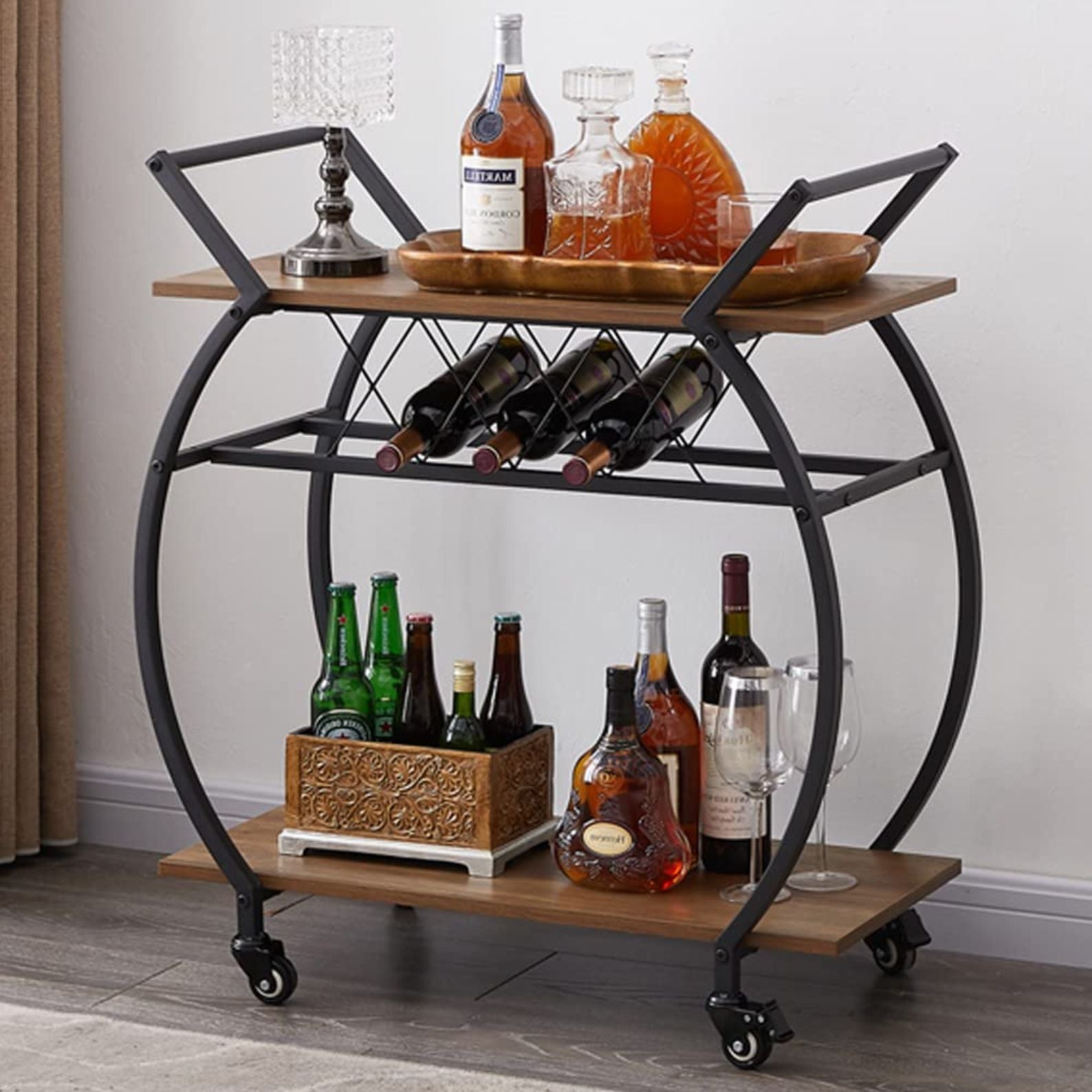 Industrial Round Rolling Bar Cart with Wine Rack Two Shelves