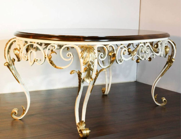 Elegant Handcrafted Wrought Iron and Wood Round Coffee Table with Gold Accents-Hansart, Tables, Elevate your living space with this Exquisite Luxury Wrought Iron Coffee Table, a stunning fusion of classic artistry and timeless elegance. Masterfully handcrafted, this round table boasts a gracefully sculpted wrought iron base, intricately adorned with ornate scrollwork and finished in radiant gold leaf accents. Each flourish and curve reflects expert craftsmanship, creating an opulent visual statement that ex