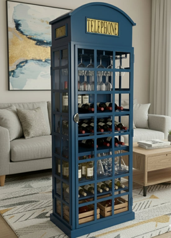 Blue Telephone Booth Wine Rack & Bar Cabinet