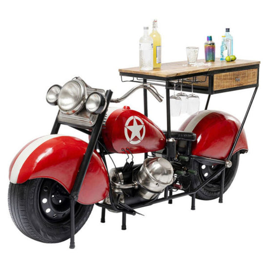 Antique Red Motorcycle Bar Table with Storage and Glass Holders