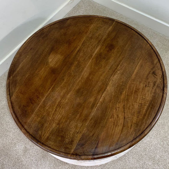 Handcrafted Round Wooden Coffee Table with Decorative Carving-Hansart, Tables, Add a touch of rustic elegance to your living space with this Handcrafted Round Wooden Coffee Table. Featuring a beautifully stained solid wood top and a hand-carved lattice base, this table combines timeless design with modern farmhouse charm. The contrast between the rich brown tabletop and the distressed whitewashed base creates a stunning centerpiece perfect for any living room, lounge, or sitting area. Its sturdy constructio