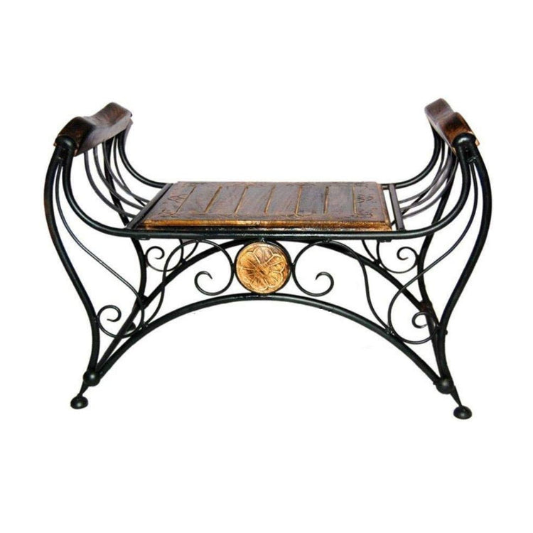 Vintage Wrought Iron Decorative Bench with Wooden Seat and Scroll Armrests, HANSART, Bring timeless elegance and functionality to your space with this beautifully crafted Vintage Wrought Iron Decorative Bench with Wooden Seat. Blending classic design with sturdy construction, this bench features gracefully curved wrought iron legs and arms, intricately detailed scrollwork, and a solid wood seat with a rustic finish. The centerpiece medallion adds a touch of vintage charm, making it perfect for both indoor a