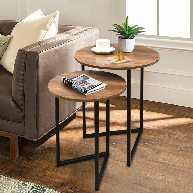 Set of 2 Round Nesting Side Tables with Wood Top and Metal Legs-Hansart, Tables, Elevate your home decor with this stylish Set of 2 Round Nesting Side Tables, designed to blend modern aesthetics with practical functionality. Featuring rich wood grain tops and sleek black metal frames, these tables add a contemporary industrial vibe to any living space. The set includes two different sizes, allowing you to nest them together for a space-saving solution or use them separately as side tables, coffee tables, or