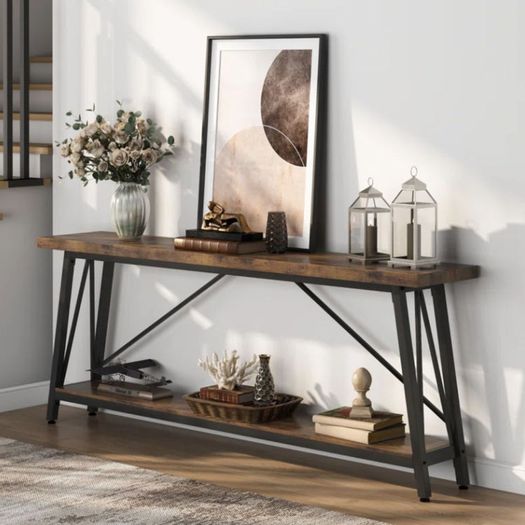 Industrial Console Table with Open Storage Shelf and Metal Frame-Hansart, Tables, Add a touch of industrial charm to your living space with the Industrial Console Table. Featuring a warm wood-grain finish paired with a sleek black metal frame, this eye-catching piece brings both style and function to your home. Whether you&