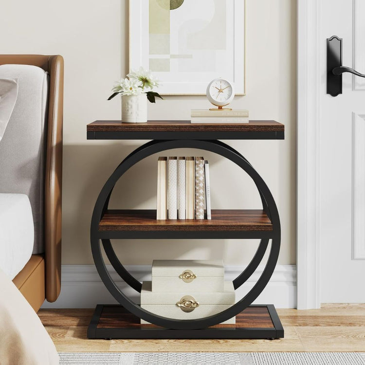 Modern Industrial Circle Frame Side Table with Storage Shelves-Hansart, Tables, Enhance your living space with this Modern Industrial Circle Frame Side Table. Featuring a unique geometric design with circular metal framing, this accent table combines rustic charm with contemporary flair. Crafted from durable engineered wood in a rich, dark brown finish and supported by a sturdy black powder-coated steel frame, it’s built to last. The table includes two spacious open shelves, ideal for displaying books, déco