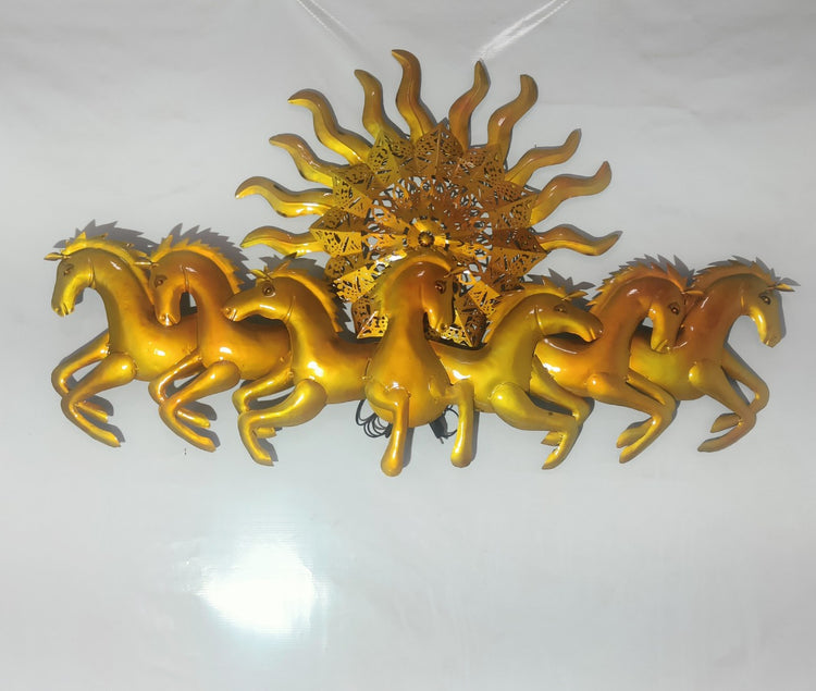 This Designer Gold metal wall art features a stunning depiction of 7 galloping horses against a warm sun backdrop. At 48 x 28 inches, it is sure to make a statement in any room. The integrated LED lights add a touch of modernity and ambiance. Perfect for any equestrian enthusiast. Size: 48 x 28 Inches. Made of High-Quality Iron Metal Anti-rust powder coating used for long lasting finish Hanging Mechanism included Horse wall decor with led lighting Perfect for your living room, bedroom, hall, office recept
