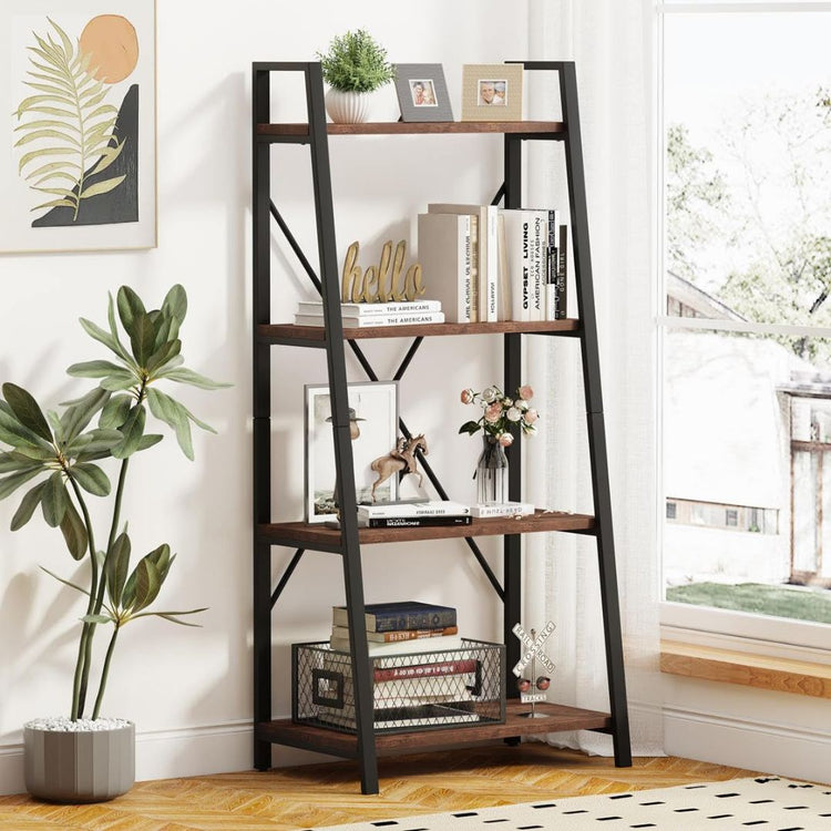 Modern Open Display Metal Storage Rack for Living Room, Bedroom, or Office, HANSART, Elevate your home decor with this elegant 4-Tier Arched Bookshelf, combining a rustic wood finish with a sturdy black metal frame. The unique arched design adds a stylish architectural element, making it an eye-catching centerpiece in any room. Ideal for displaying books, plants, decorative items, or collectibles, this freestanding storage rack offers both functionality and sophistication. Its space-saving structure makes i