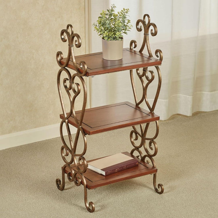 Vintage 3-Tier Metal Scrollwork Accent Shelf with Wooden Shelves, HANSART, Elevate your home decor with this elegant 3-Tier Metal Scrollwork Accent Shelf, a perfect blend of vintage charm and functional design. Standing 34 inches tall, this accent shelf features intricately designed metal scrollwork in an antique bronze finish that adds a touch of old-world elegance to any space. The three spacious wooden shelves provide a warm contrast with their rich, polished wood tones, offering ample space to display d