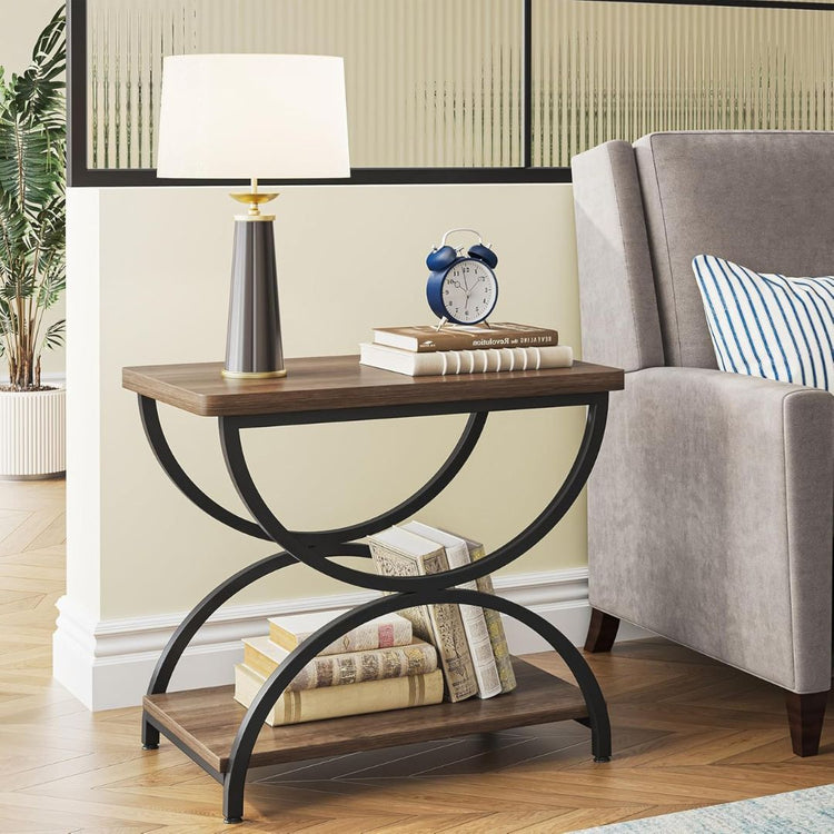 Rectangular Side Table with Storage Shelf, Wood Top and Metal Frame-Hansart, Tables, Elevate your home décor with this Modern Industrial End Table, blending functionality with bold, geometric design. Crafted with a sturdy black metal frame and rich wood grain shelves, this accent table adds a contemporary yet rustic flair to your living room, bedroom, or office. The striking curved metal supports create an eye-catching silhouette, while the two-tier shelving offers ample space for your essentials or decorat