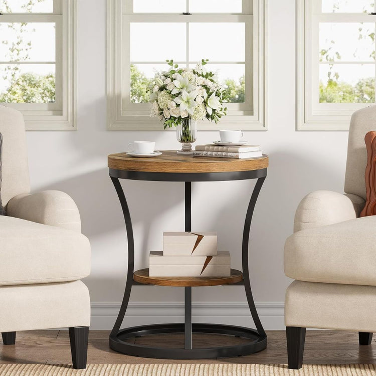 Round End Table with Storage Shelf, Wood Top and Metal Frame-Hansart, Tables, Enhance your living space with this Modern Industrial Round Side Table, a perfect blend of rustic charm and contemporary design. Featuring a smooth woodgrain top and a sturdy black metal frame, this versatile end table offers both style and functionality. The two-tier design provides ample storage and display space, ideal for keeping your essentials within reach or showcasing decorative items. With its compact footprint and sleek
