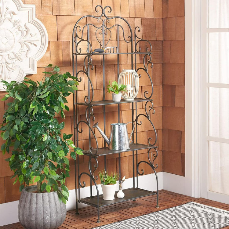 Vintage Black Metal 4-Tier Scrollwork Baker’s Rack, HANSART, Add timeless charm and versatile storage to your home or garden with this Vintage Black Metal 4-Tier Scrollwork Baker’s Rack. Crafted from durable wrought iron with a classic black finish, this freestanding shelving unit showcases intricate scrollwork and a heart-shaped accent that brings an elegant touch to any space. With four spacious shelves, it’s perfect for displaying plants, decorative accents, kitchenware, or garden tools. Its open design