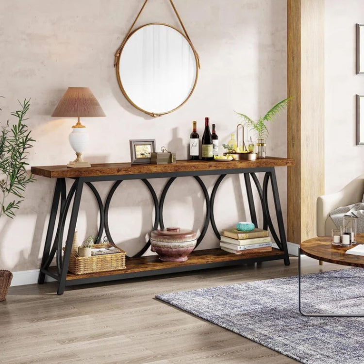 Rustic Console Table with Open Geometric Metal Frame and 2-Tier Wood Shelves-Hansart, Tables, Add a touch of industrial charm to your living space with the Industrial Console Table. Featuring a warm wood-grain finish paired with a sleek black metal frame, this eye-catching piece brings both style and function to your home. Whether you&