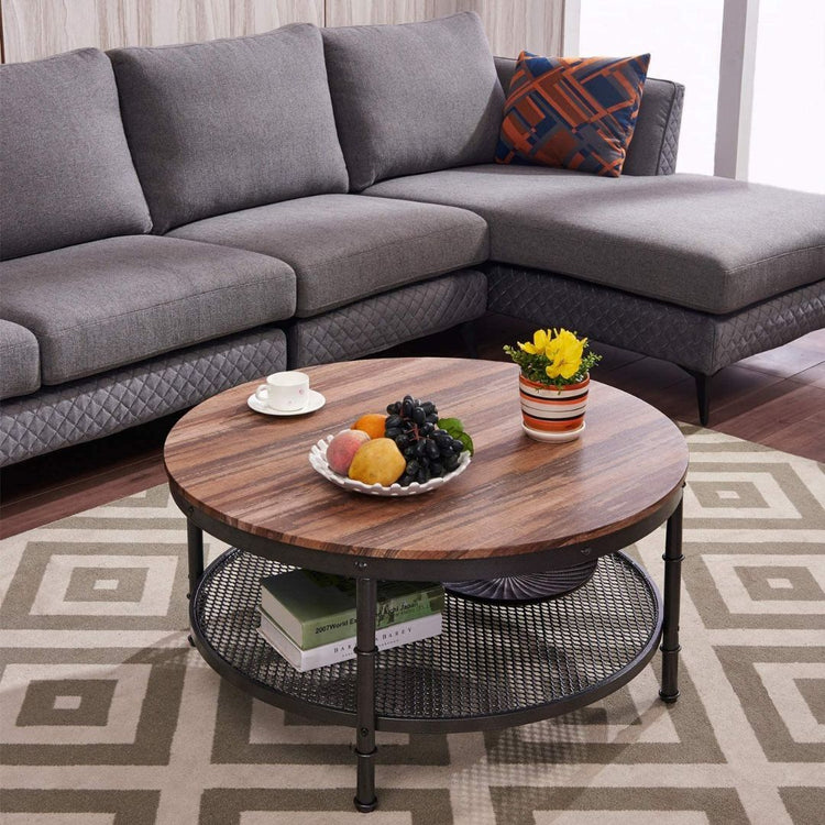 Round Industrial Coffee Table with Storage Shelf and Wood Top-Hansart, Tables, Elevate your living space with this stylish and functional Industrial Round Coffee Table. Featuring a warm rustic wood finish paired with a sturdy black metal frame, this table brings a modern industrial vibe to any room. The spacious round tabletop offers ample space for drinks, snacks, and decor, while the lower mesh shelf provides convenient storage for books, magazines, and more. Perfect for living rooms, lounges, or offices,