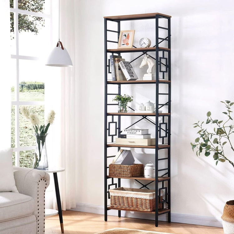 Industrial 7-Tier Bookshelf with Wood Shelves and Metal Frame, HANSART, Add a touch of industrial charm and practical storage to your space with this Industrial 7-Tier Metal and Wood Tall Bookshelf. Standing tall at 84.4 inches, this open shelving unit blends sturdy black metal framing with rustic wood shelves, creating a versatile piece perfect for home offices, living rooms, or studies. The unique geometric side panels add a modern flair, while the open-back design ensures an airy feel, making it a stylis