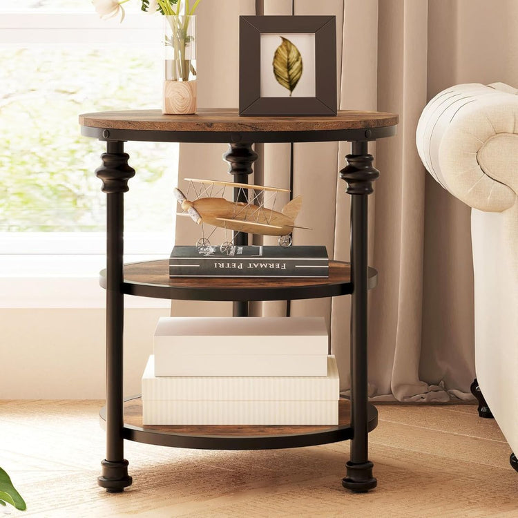 Rustic Round End Table with 3-Tier Storage and Metal Frame-Hansart, Tables, Add a touch of vintage charm and practical storage to your space with this Vintage Industrial Round Nightstand with 3-Tier Storage Shelves. Crafted with a sturdy black metal frame and rustic brown wood surfaces, this end table blends industrial style with farmhouse warmth. Its three-tier round design provides ample space for organizing your essentials, whether it’s in the bedroom as a nightstand or in the living room as a side table