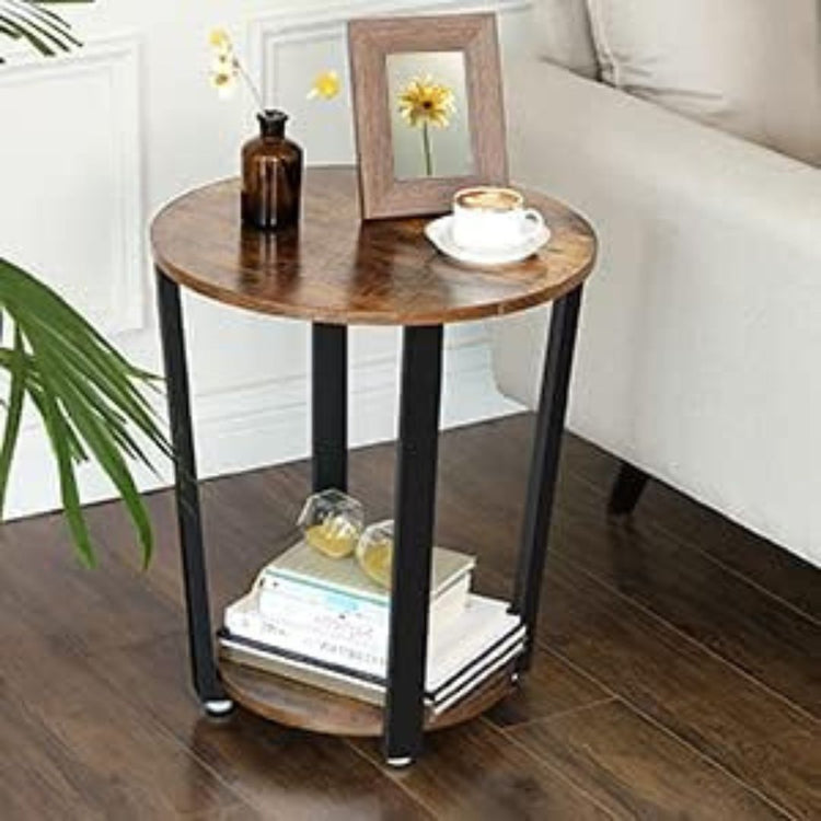 Rustic Industrial Round Side Table with Shelf-Hansart, Tables, Enhance your living space with this stylish Rustic Industrial Round Side Table. Designed with a warm wood grain finish and sturdy black metal frame, this versatile table brings a touch of industrial charm to any room. With a spacious tabletop and a convenient lower shelf, it’s perfect for holding drinks, books, plants, or decorative items. Its compact design makes it an ideal addition to your living room, bedroom, or office, serving as an end ta