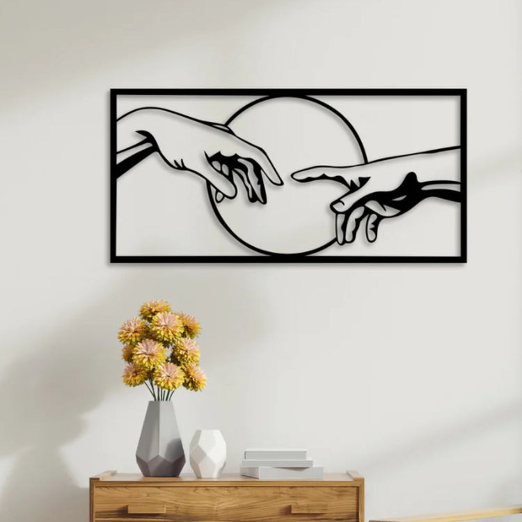 Add a touch of whimsy and mystery to your home with our Framed Moon with Hands Metal Wall Art. Hand-crafted and framed, this stunning piece will elevate any room with its unique design. Embrace the magic of the moon and decorate your walls with this captivating art-Measures 30 x 15 Inches-Constructed of High Quality Metal-Anti-rust powder coating used for long lasting finish Hanging Mechanism included Perfect for your living room, bedroom, hall, office reception, guest room, and hotel reception