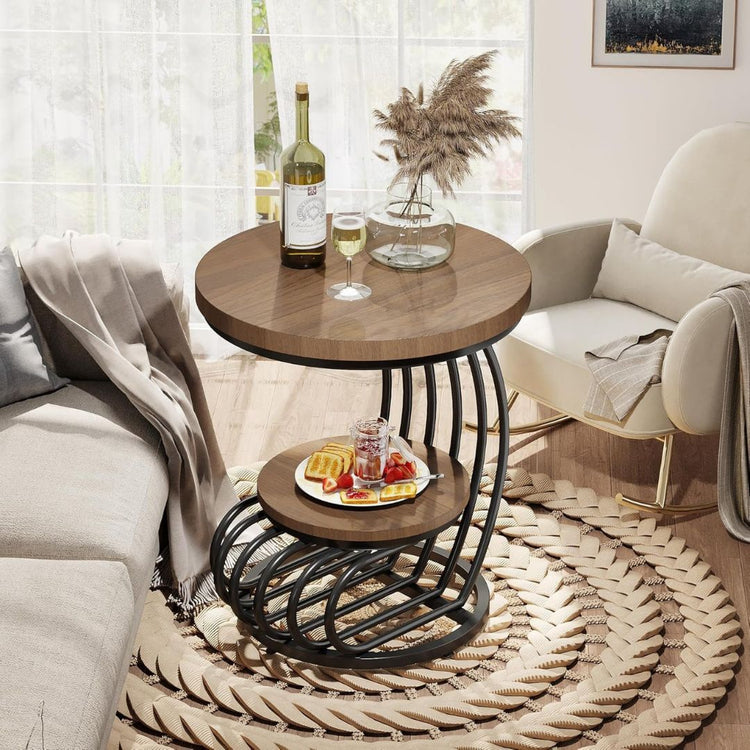 Modern Round End Table with 2-Tier Wood Shelves and Curved Metal Base-Hansart, Tables, Elevate your living space with this modern industrial round side table. Designed with a perfect blend of rustic wood and contemporary metal accents, this stylish table brings functionality and sophistication to any room. The dual-tiered design provides ample surface area for both display and storage, while the artistic curved metal base adds a bold architectural statement. Ideal for your living room, reading nook, or offi