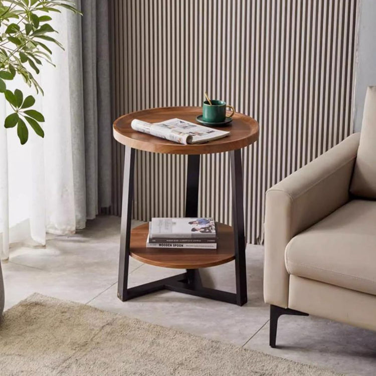 Modern Round Side Table with Storage Shelf and Metal Legs-Hansart, Tables, Enhance your living space with this stylish Round Wooden Side Table with Lower Storage Shelf, designed to bring both functionality and elegance to any room. Featuring a smooth round tabletop and a sturdy lower shelf, this table provides ample space for your books, beverages, or décor pieces. Crafted with a rich wood grain finish and supported by durable black metal legs, its modern industrial style blends seamlessly with a variety of