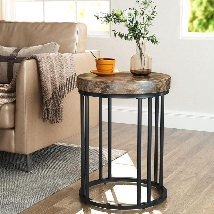 Round Industrial Side Table with Rustic Wood Top and Metal Base-Hansart, Tables, Bring modern industrial flair to your space with this Round Side Table featuring a Wood Top and Metal Frame. Designed with a minimalist aesthetic, this stylish end table combines a rich, rustic wood-grain finish with a sleek black metal base. Its clean, open-frame structure adds a contemporary touch, making it a versatile piece for living rooms, bedrooms, offices, or reading nooks. The sturdy metal frame provides stability, whi