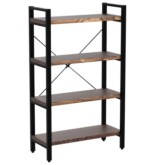 4-Tier Bookshelf with Metal Frame and Wood Shelves, HANSART, Elevate your home or office organization with this stylish 4-Tier Industrial Bookshelf. Designed with a sturdy black metal frame and rustic wood shelves, this freestanding shelving unit offers both durability and charm. Perfect for displaying books, plants, décor, or office supplies, its compact footprint makes it ideal for small spaces while still providing generous storage. The open design and crossbar support add an industrial flair, blending s