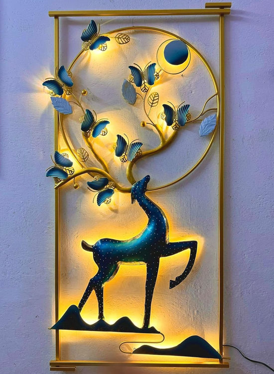 Modern Blue-Gold Deer Metal Wall Art With Led