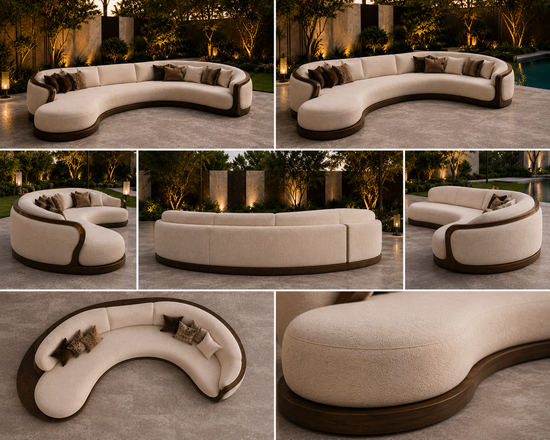 Collage of a modern outdoor sofa with brown accents in various angles.