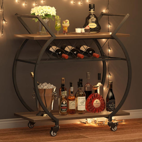 Industrial Round Rolling Bar Cart with Wine Rack & Two Shelves
