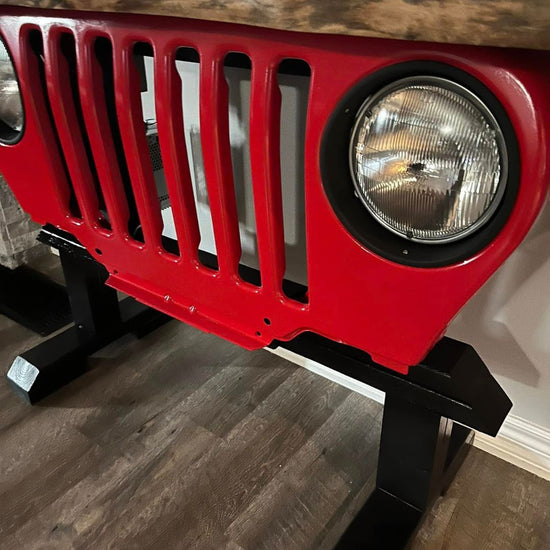 Rustic Red Jeep Grille Console Table with Live-Edge Wood Top