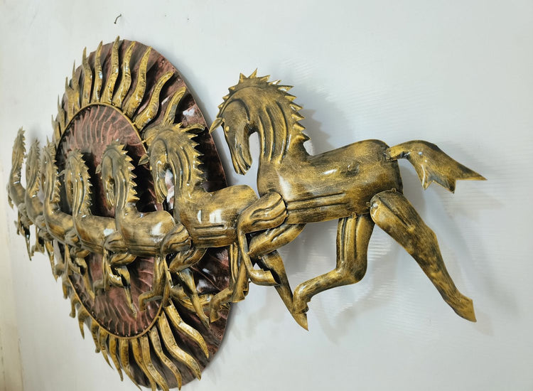 Add a touch of elegance and dynamism to your space with this stunning Antique Running 7 Horses with Sun Metal Wall Art. Crafted from high-quality metal, this magnificent piece showcases seven galloping horses accompanied by a majestic sun, symbolizing freedom, strength, and positivity.
Product Features:
- Size: 60 x 34 inches (152 x 86 cm)
- Material: High-quality metal with antique finish
- Color: Distressed bronze and golden hues
- Design: Intricately crafted with 7 running horses and sun motif
- Suitab
