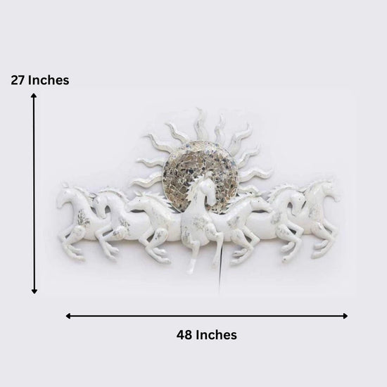 Bring the sun and the wild to your living room with this 48" wall art. Featuring seven beautiful white horses and a striking sun, this piece is sure to bring excitement and life to any space. Gallop into your dream living room with this stunning piece of art. Size: 48 x 27 Inches. Made of High-Quality Iron Metal Anti-rust powder coating used for long lasting finish Hanging Mechanism included Horse wall decor with led lighting