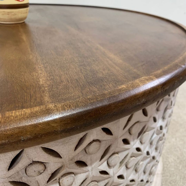 Handcrafted Round Wooden Coffee Table with Decorative Carving-Hansart, Tables, Add a touch of rustic elegance to your living space with this Handcrafted Round Wooden Coffee Table. Featuring a beautifully stained solid wood top and a hand-carved lattice base, this table combines timeless design with modern farmhouse charm. The contrast between the rich brown tabletop and the distressed whitewashed base creates a stunning centerpiece perfect for any living room, lounge, or sitting area. Its sturdy constructio